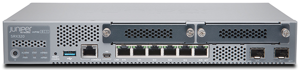 Juniper SRX320-SYS-JB SRX320 Services Gateway includes hardware (8GbE, 2x MPIM slots, 4G RAM, 8G Flash, power adapter and cable) and Junos Software Base (firewall, NAT, IPSec, routing, MPLS and switching)