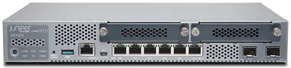 Juniper SRX320-SYS-JB SRX320 Services Gateway includes hardware (8GbE, 2x MPIM slots, 4G RAM, 8G Flash, power adapter and cable) and Junos Software Base (firewall, NAT, IPSec, routing, MPLS and switching)